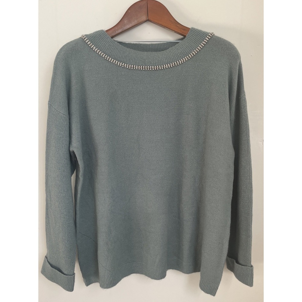Soft Surroundings Sweater Women's L Aqua Beaded Jeweled Neckline Holuday Party